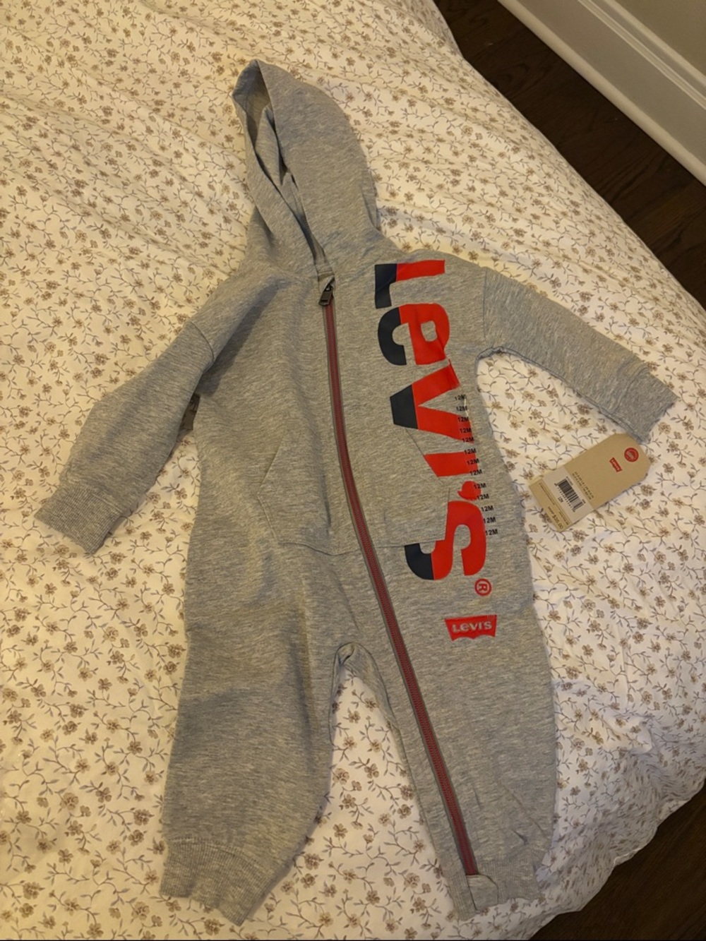 Levi's Grey Hooded Baby Romper with Red and Navy Logo